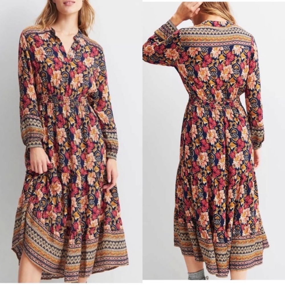 Anthropologie Othilia Cindy Midi Floral Dress Smocked Stretchy Waist Sz Medium